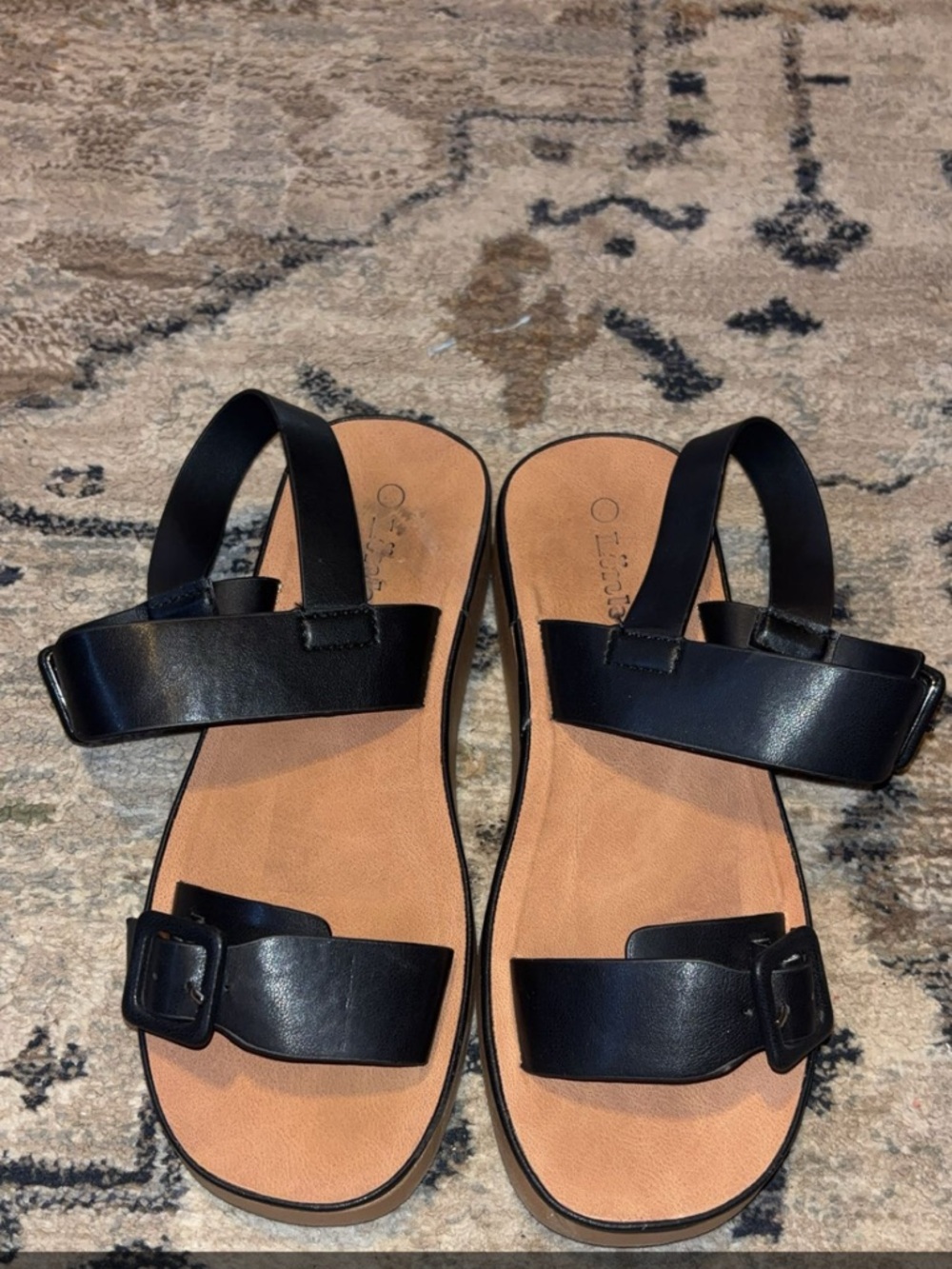 Black Strappy Buckle Sandals with Tan Footbed